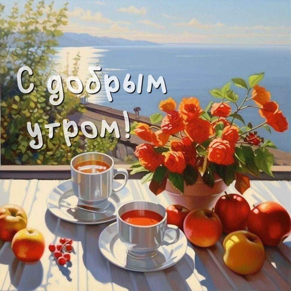 Чашки чая, яблоки, розы и море