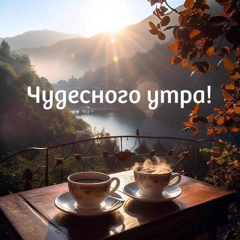 Чашки с горячими напитками на фоне горного пейзажа