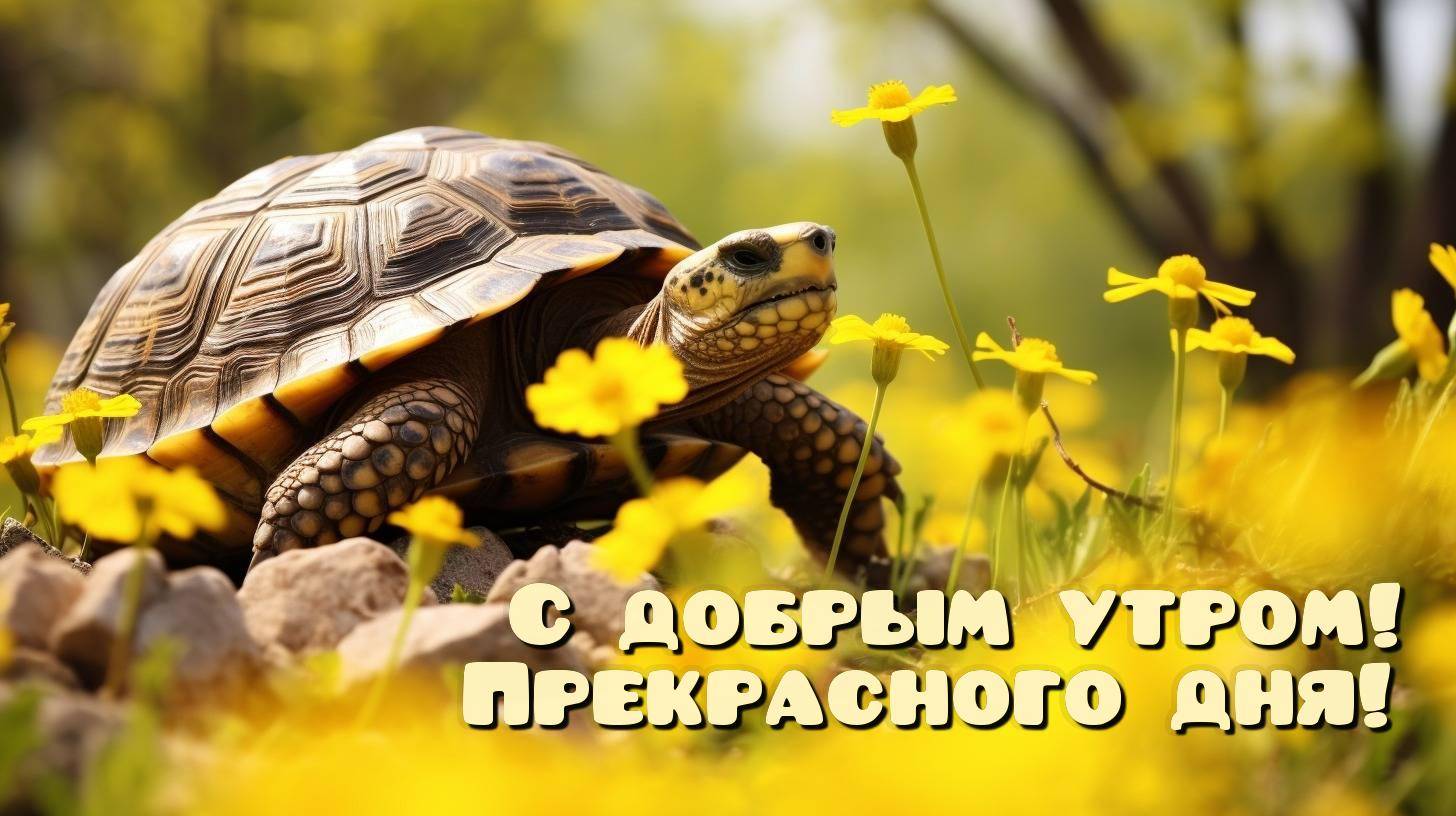 Черепаха среди жёлтых цветов, детализированный панцирь