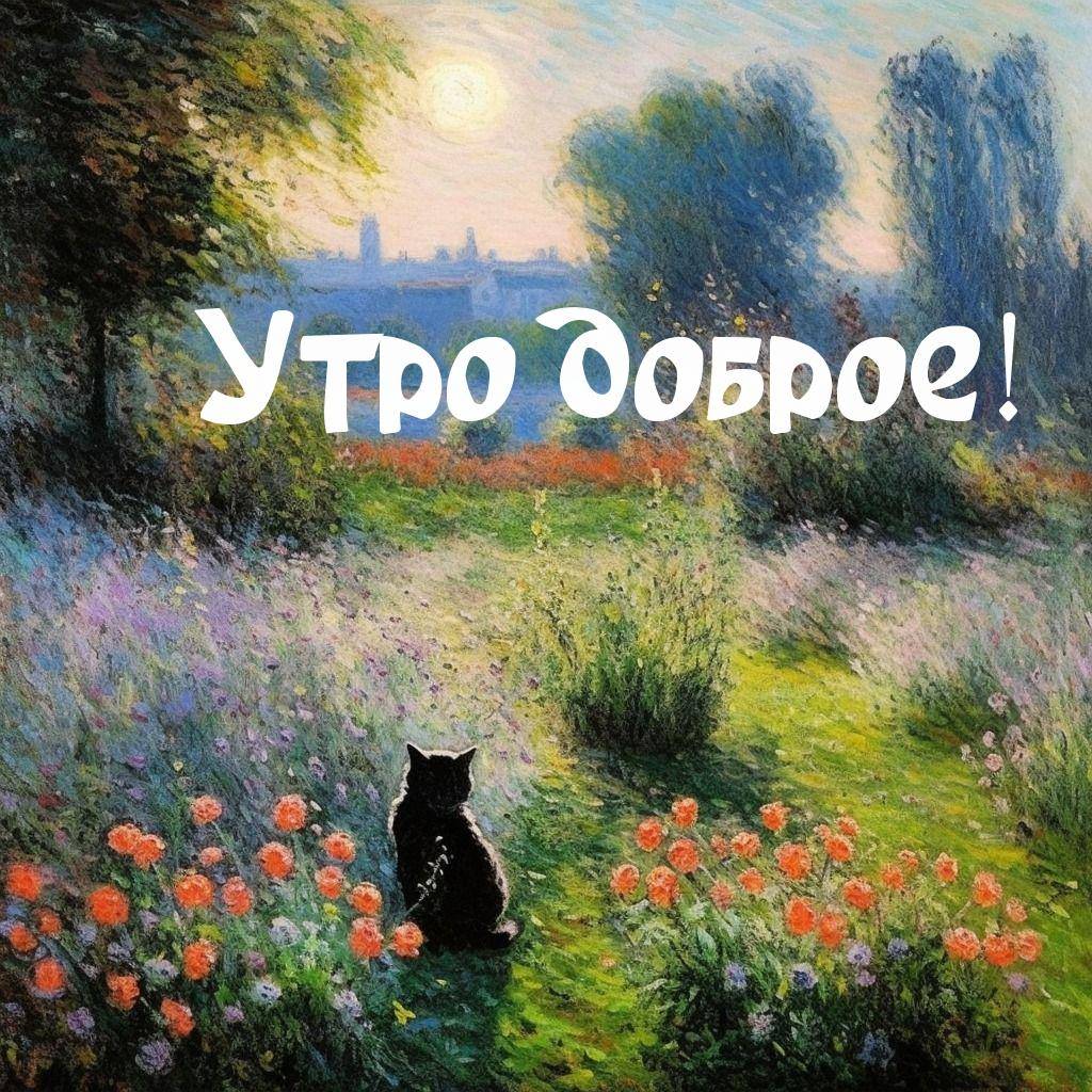 Черная кошка на зеленом лугу с цветами и солнцем