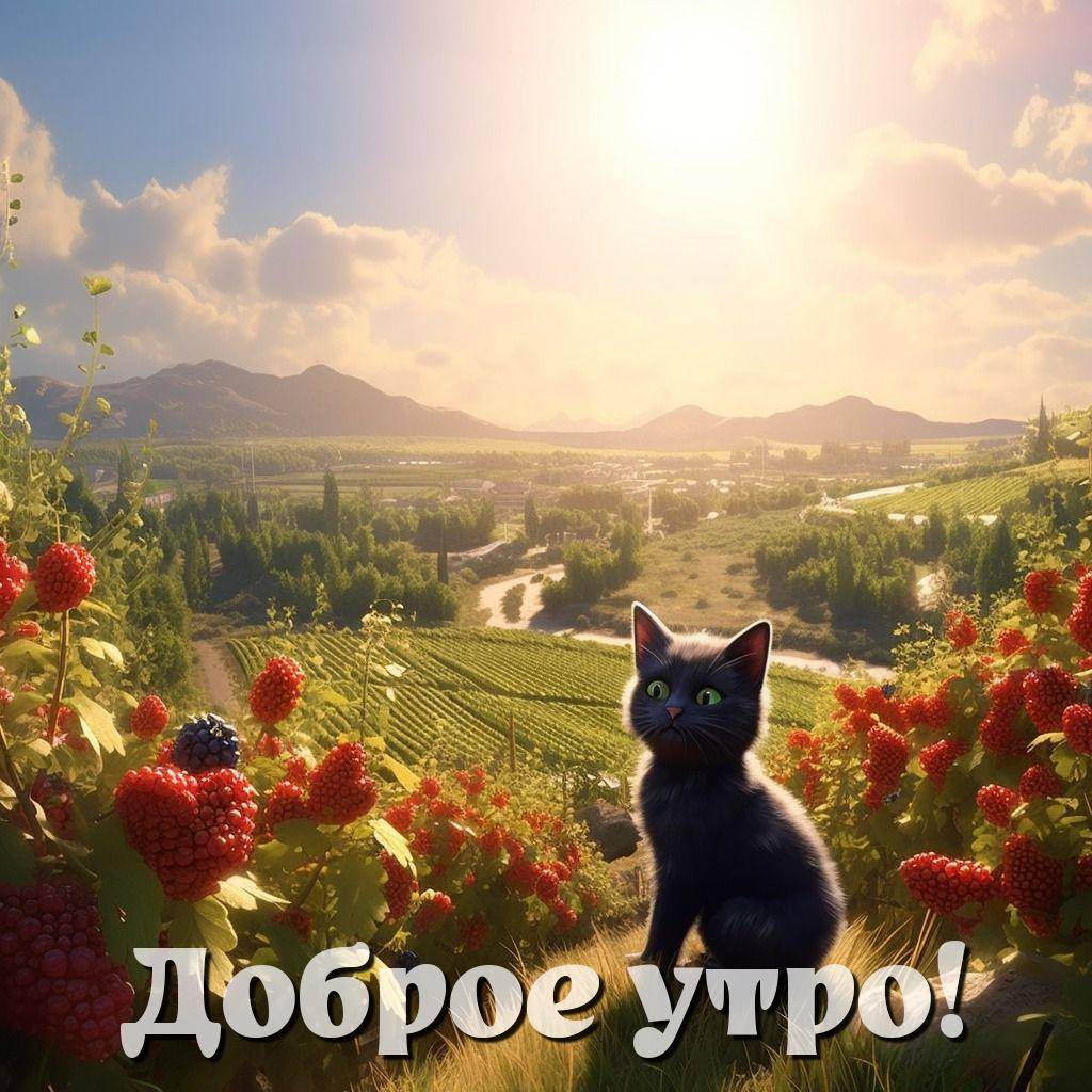 Черный кот на фоне виноградников и гор