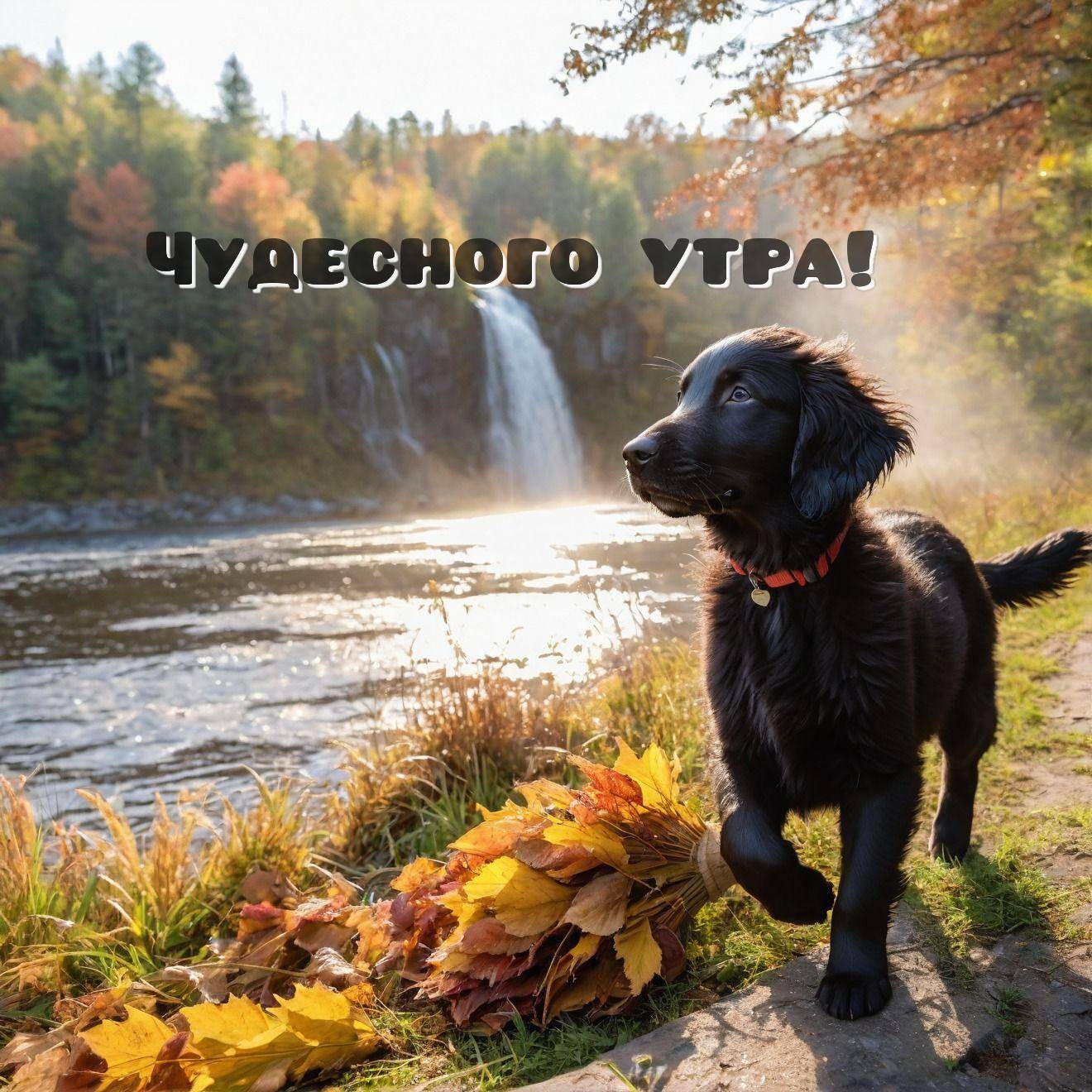Черный щенок на берегу реки с водопадом