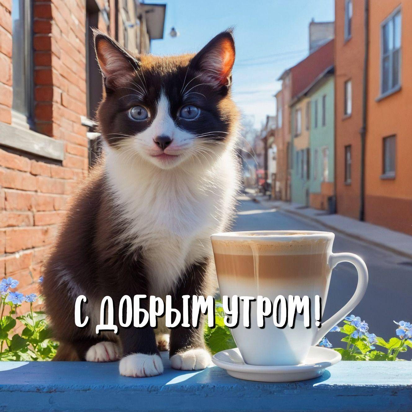 Черно-белый котёнок с кружкой кофе на фоне улицы