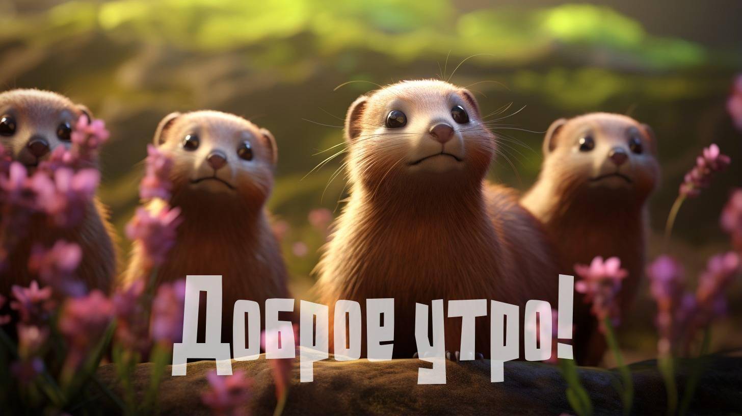 Четыре анимационных выдры на фоне зелени и цветов