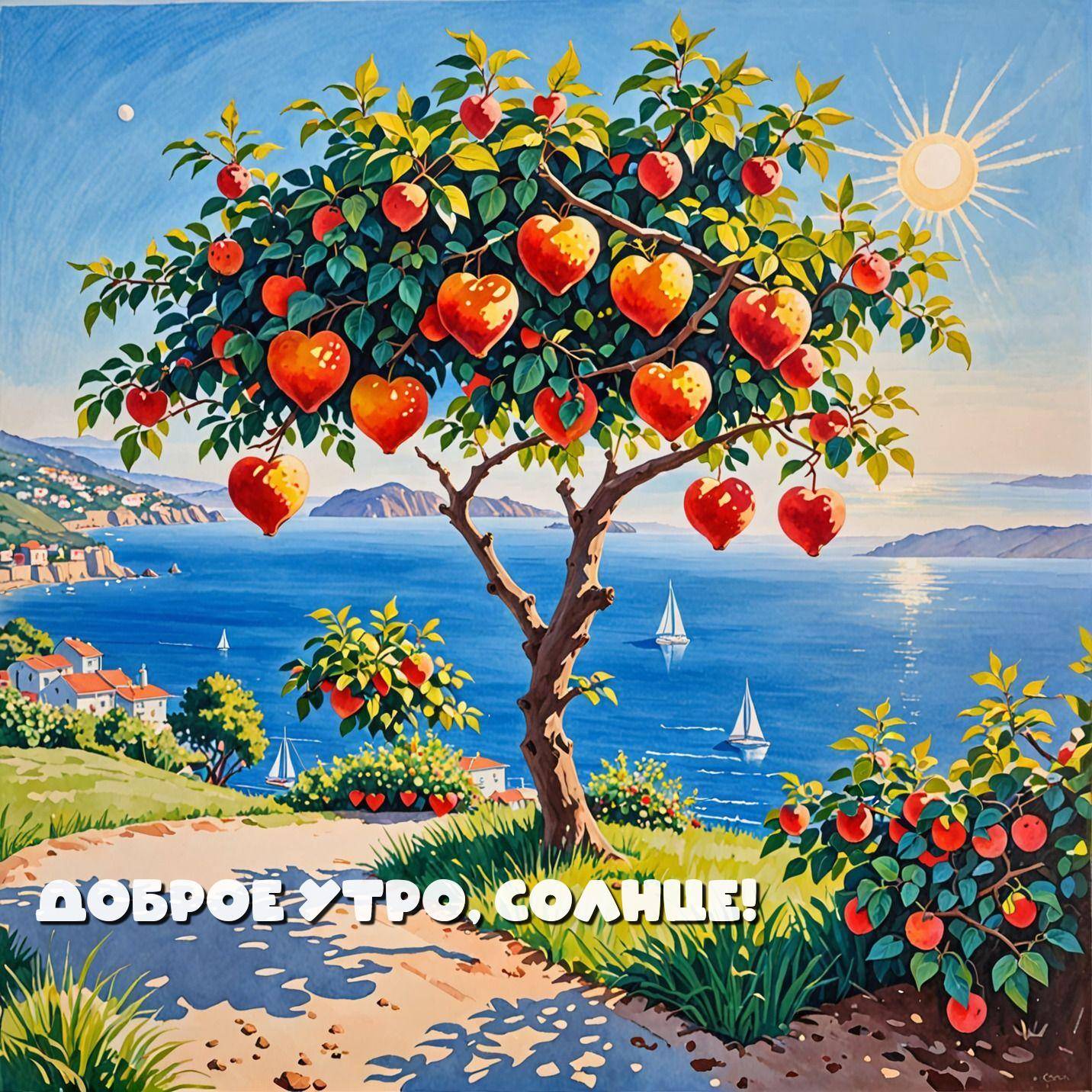 Дерево с яблоками, море и тропинка