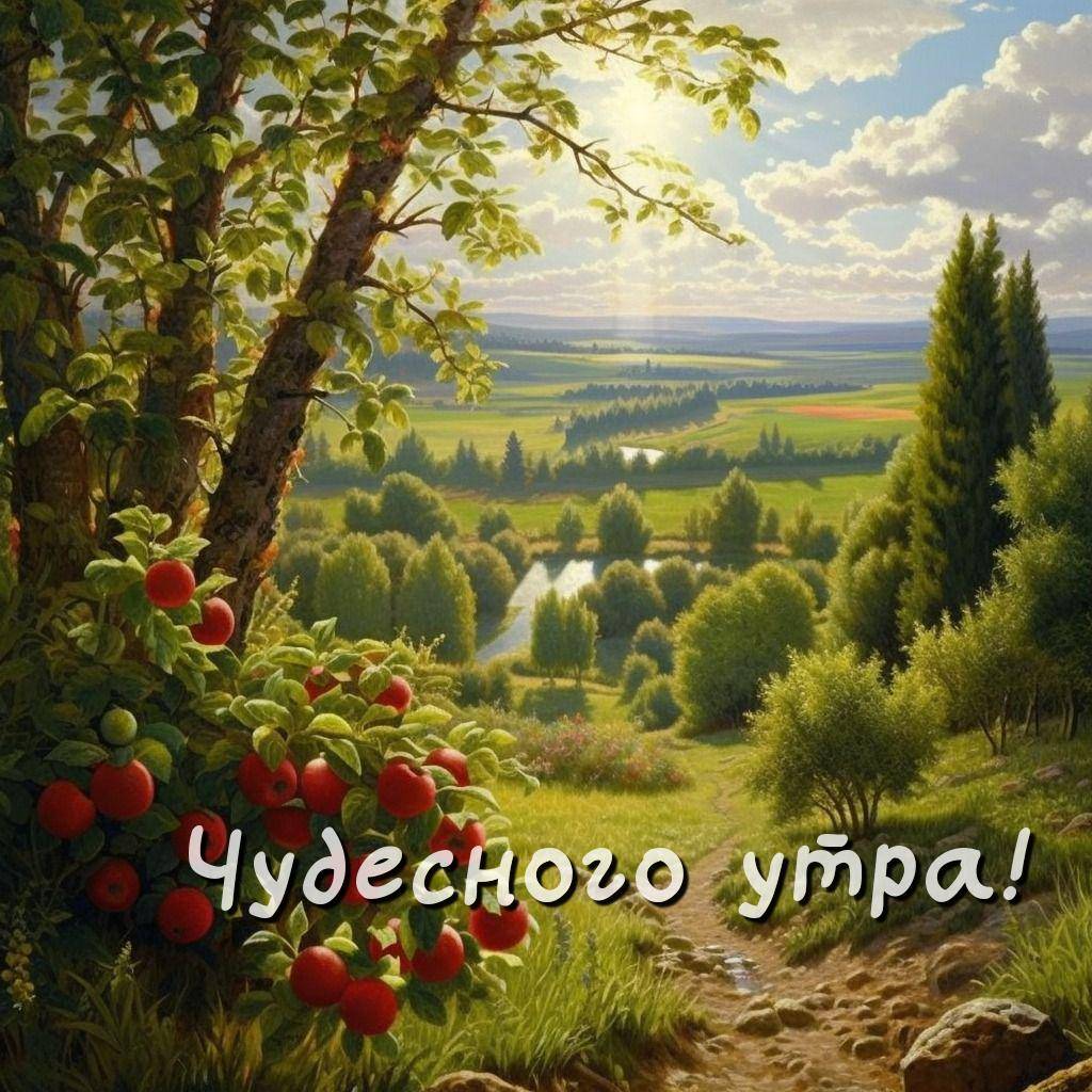 Дерево с яблоками на фоне луга