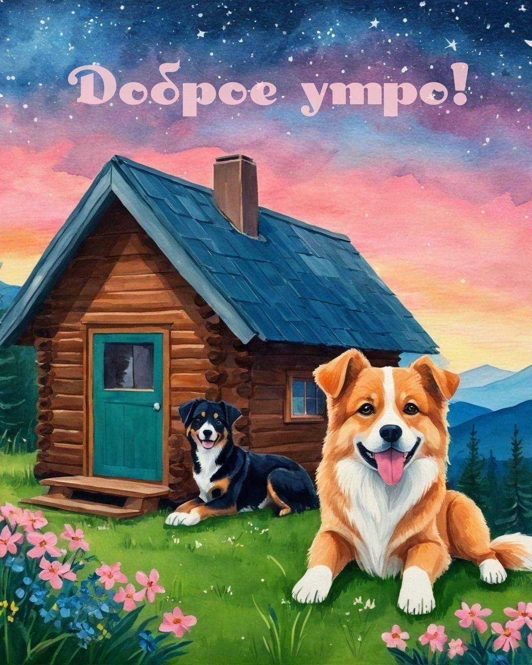 Деревянная избушка и две собаки на рассвете