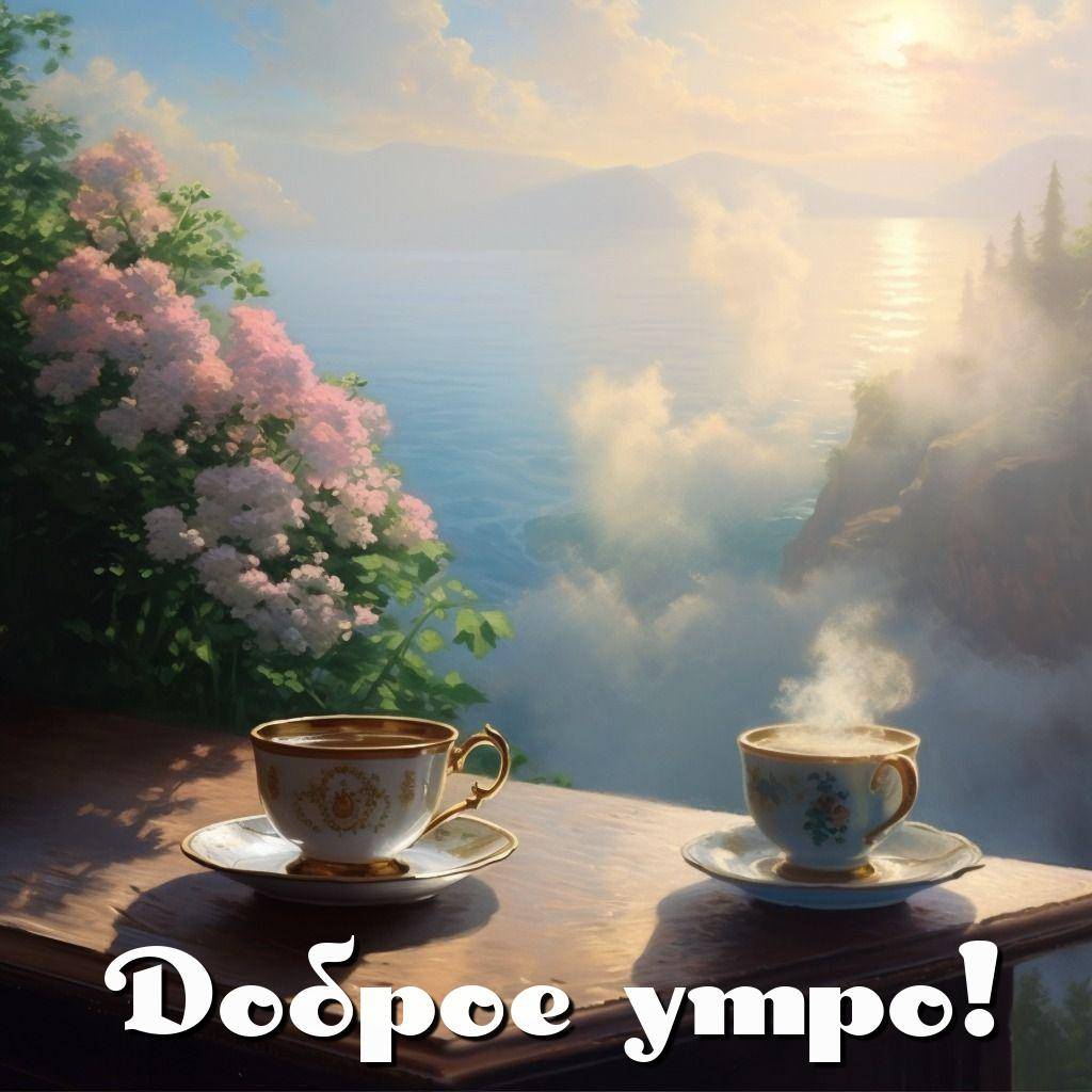 Деревянный стол с чашками и цветами