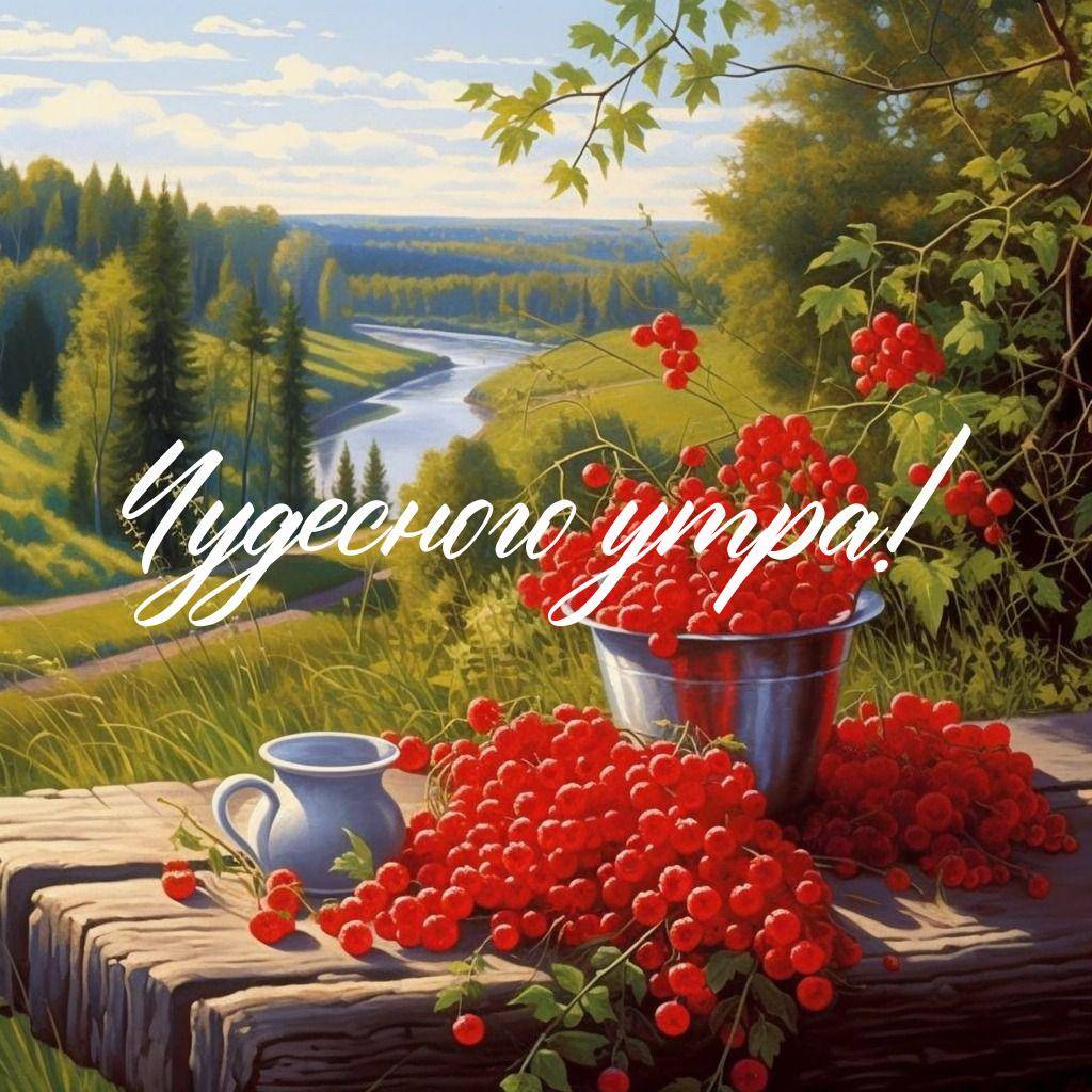 Деревянный стол с ярко-красной ягодой на фоне зелёных холмов