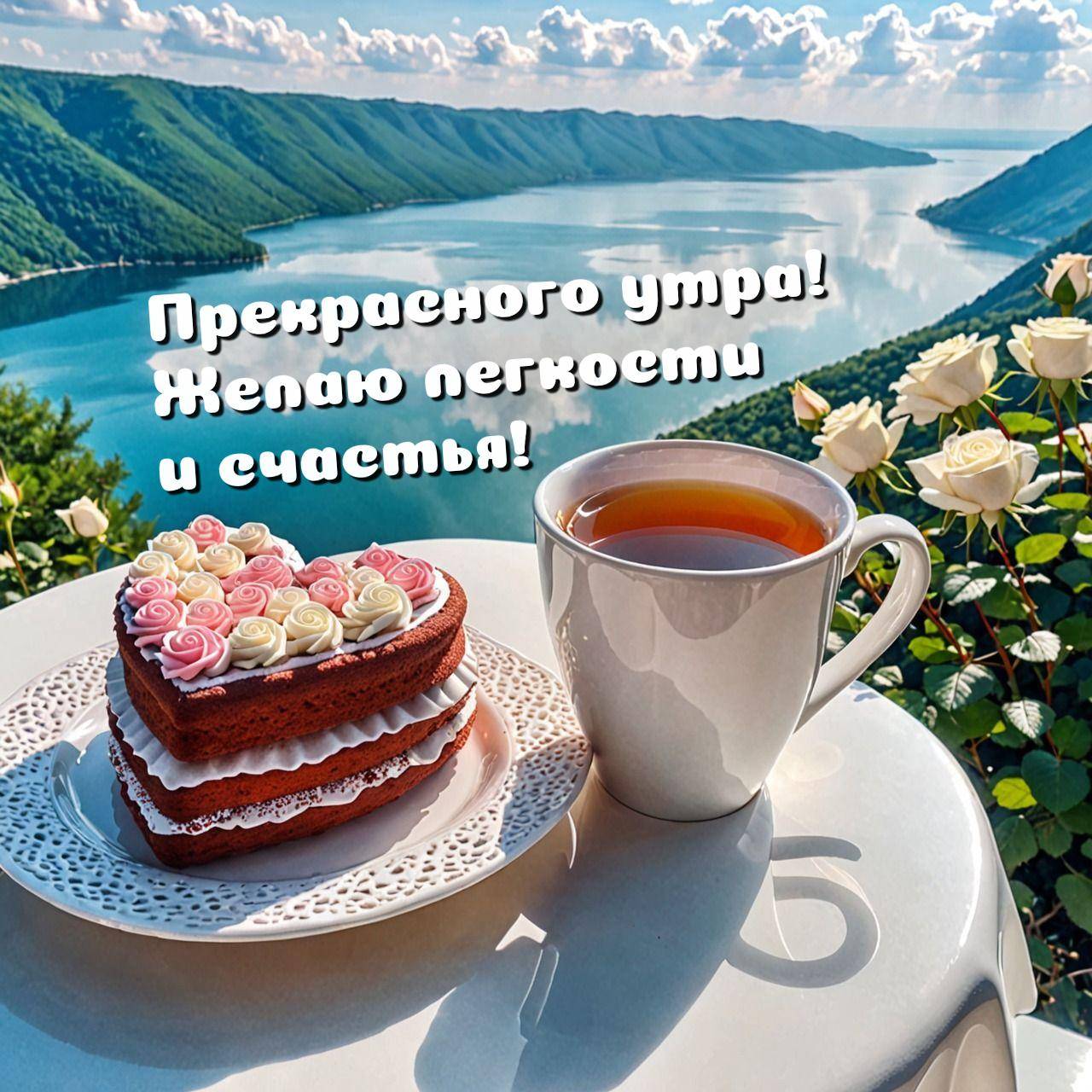 Десерт в форме сердца с кремовыми розами и чашкой чая