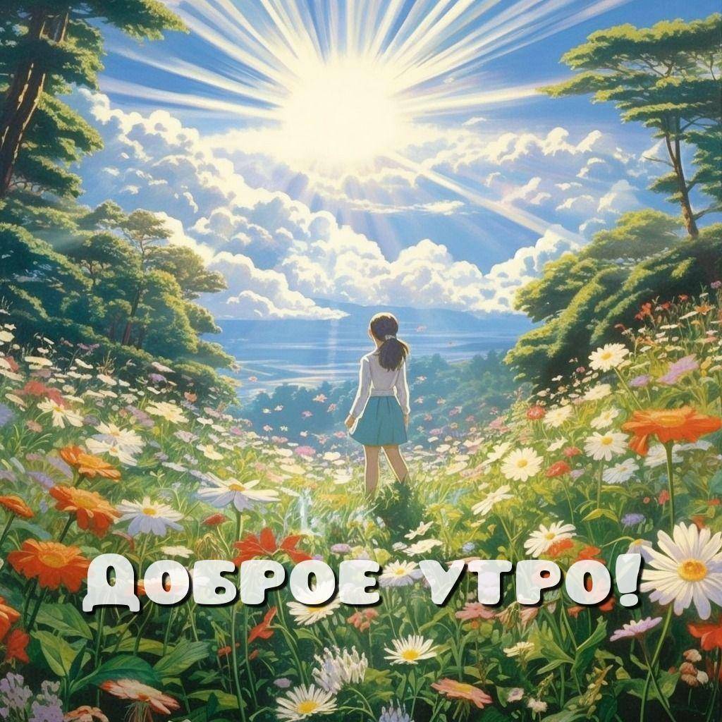 Девушка на лугу с цветами и солнцем