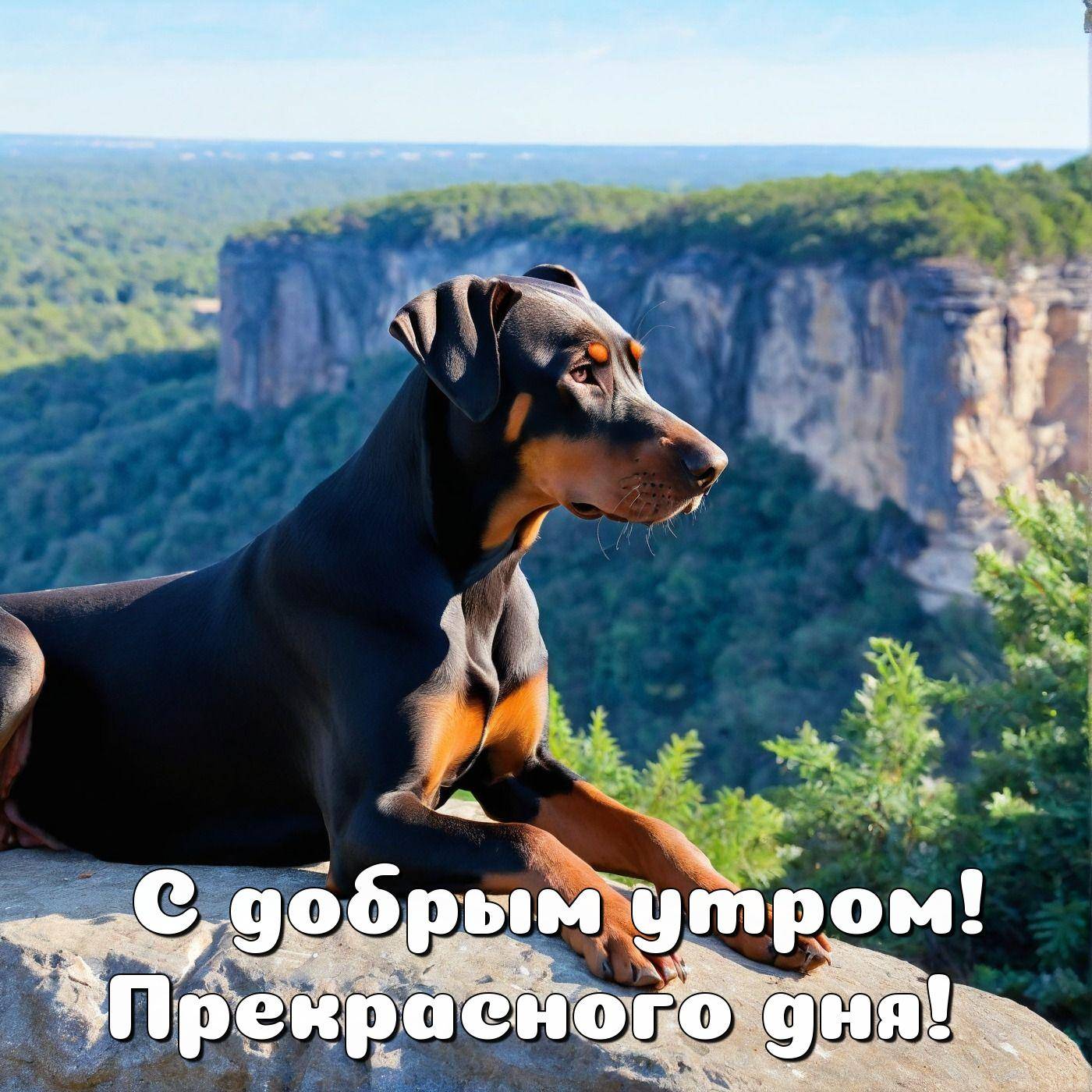 Доберман лежит на камне, на фоне лес и скалы