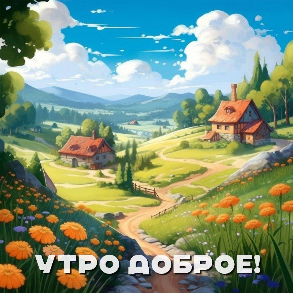 Два дома с красными крышами на фоне полей и холмов