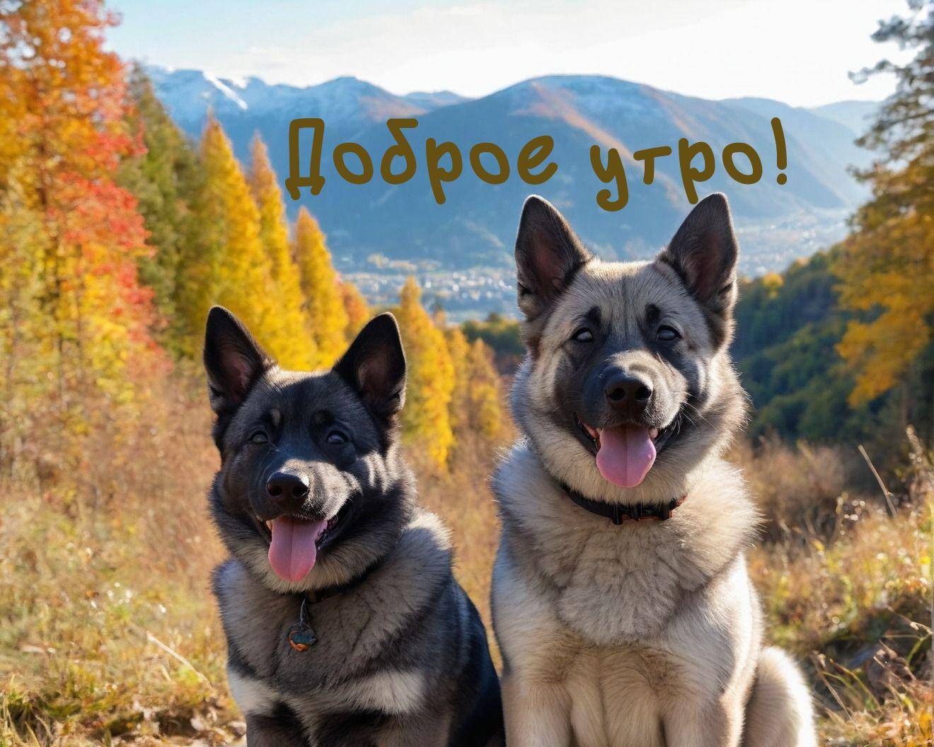 Два довольных пса на фоне осеннего пейзажа