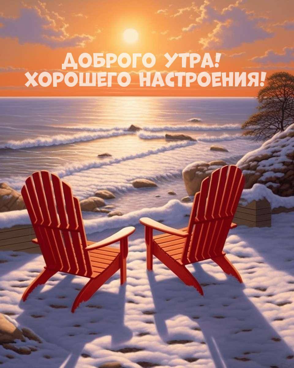 Два красных стула в снегу на фоне рассвета у моря.