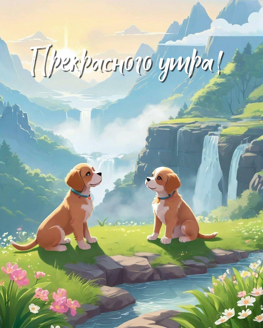 Два мультяшных щенка на траве у ручья