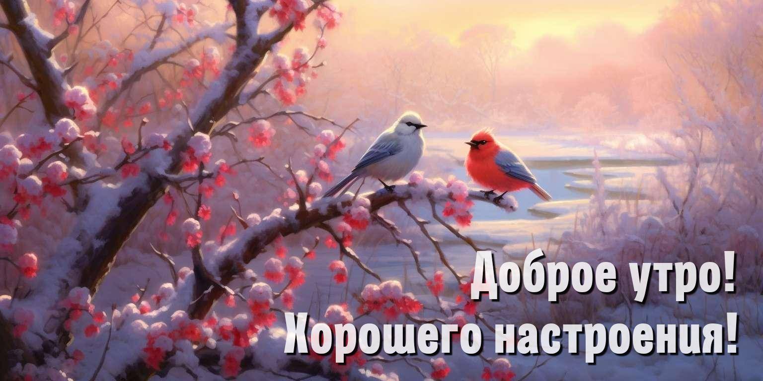 Два птица на ветке в окружении цветущих веток под рассветом.