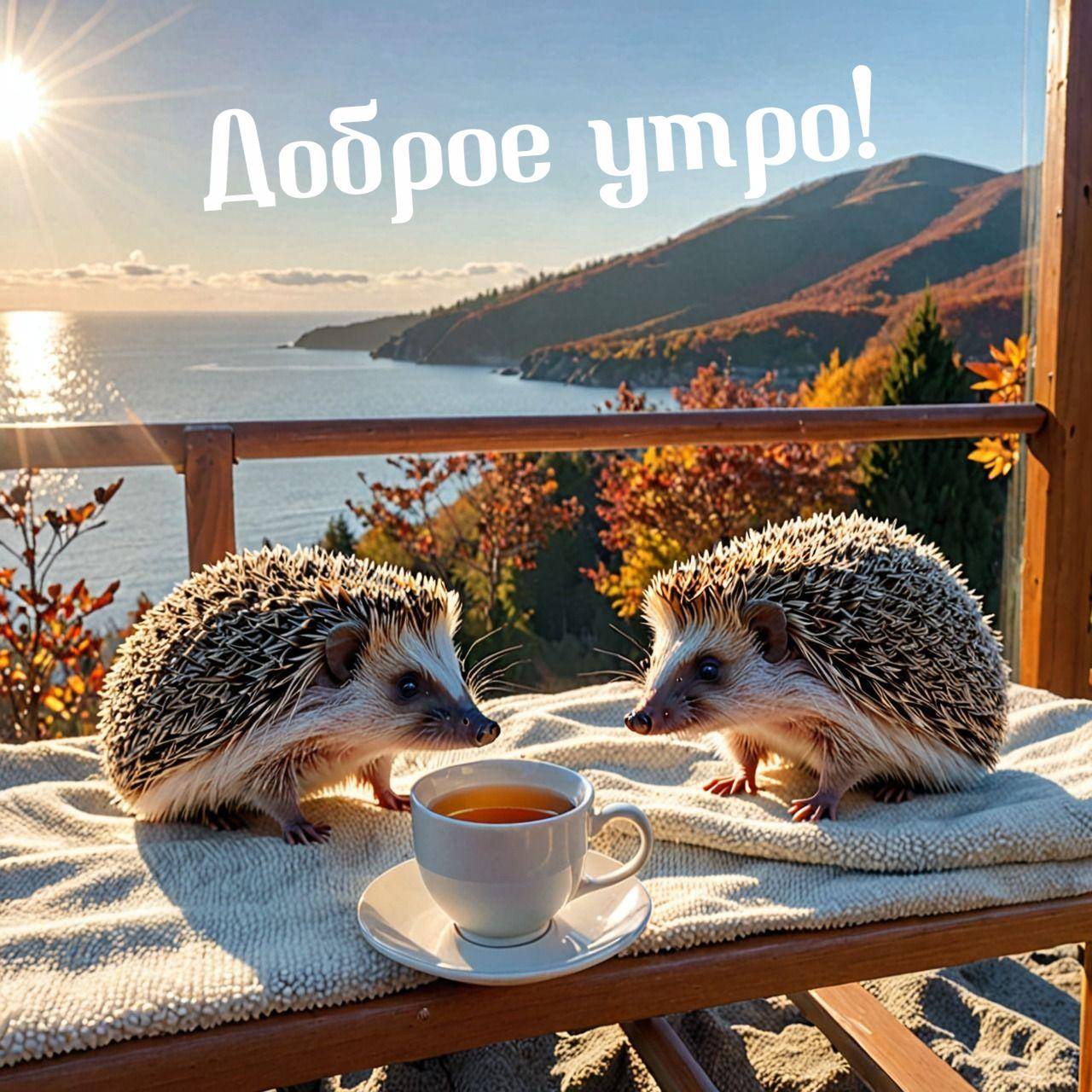 Два ёжика на покрывале, чай, осенний пейзаж