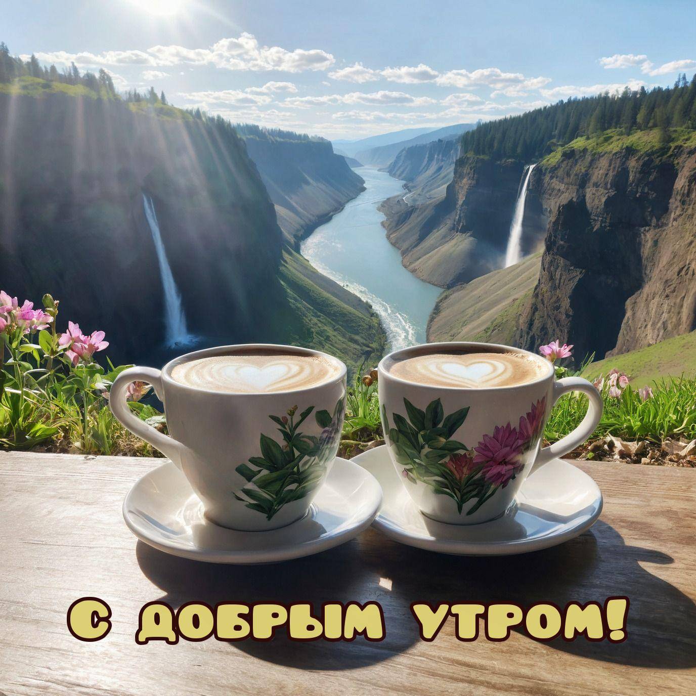 Две чашки капучино на фоне природного пейзажа