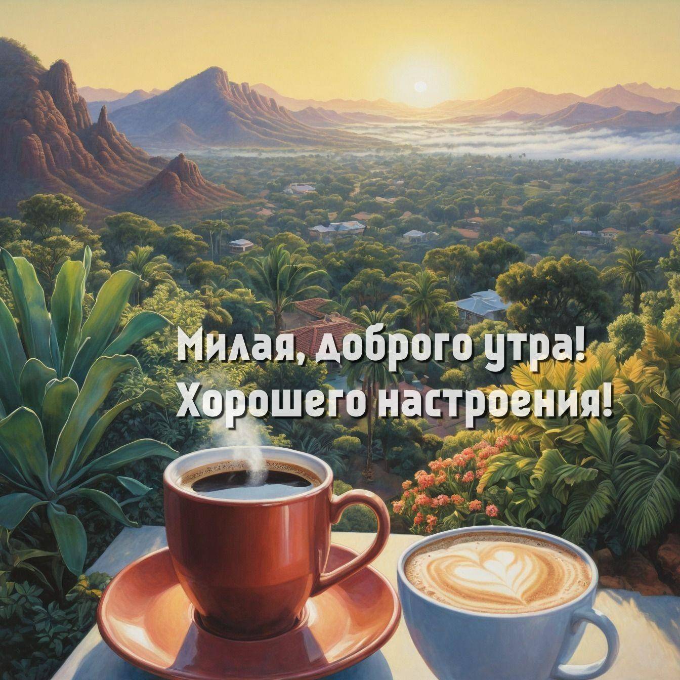 Две чашки кофе на фоне живописного рассвета
