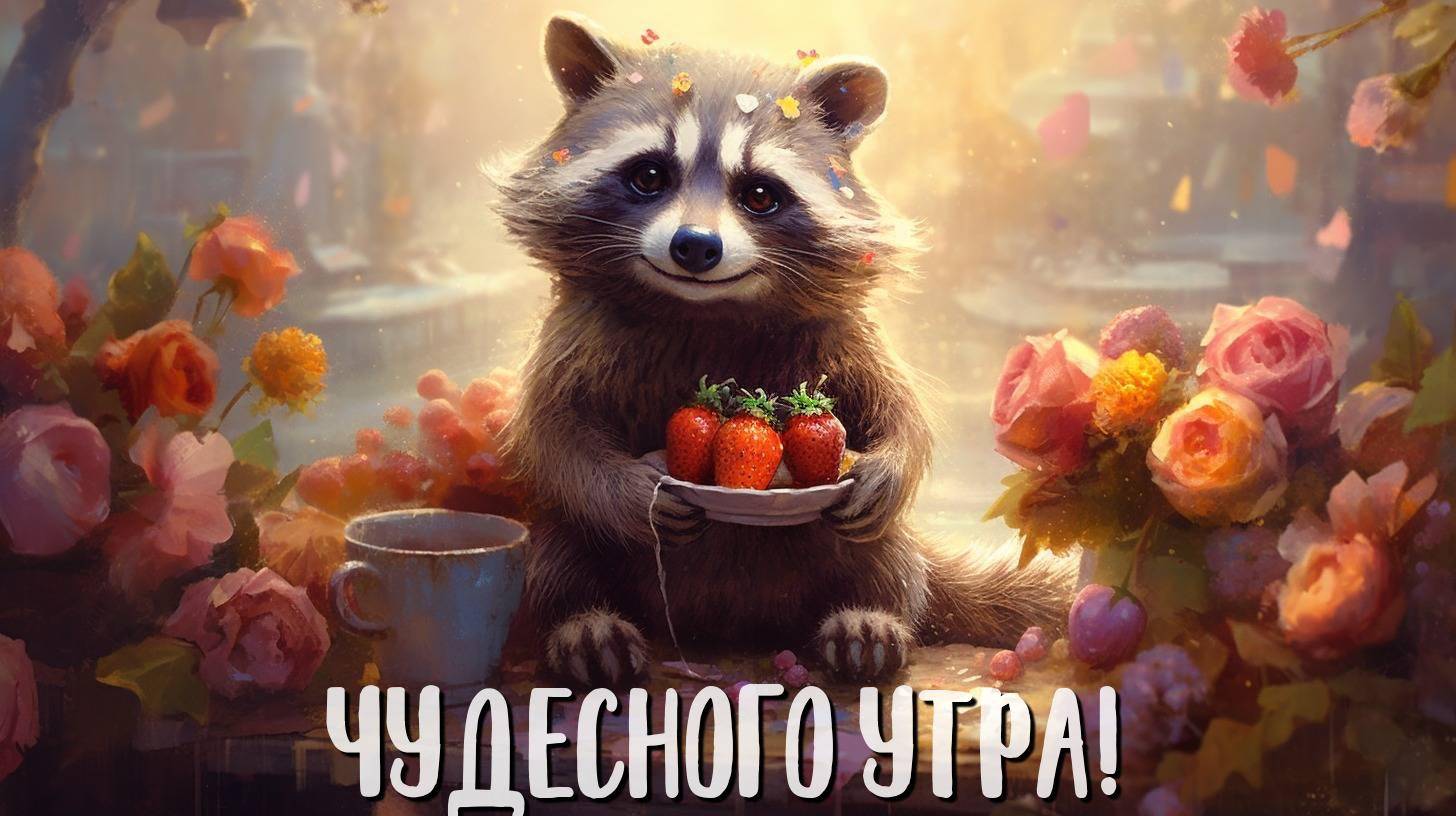 Енот с клубникой и чашкой горячего напитка, сидящий за столом в саду