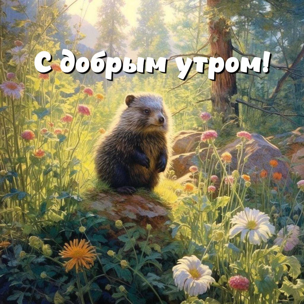 Ежик на камне среди цветов и зелени