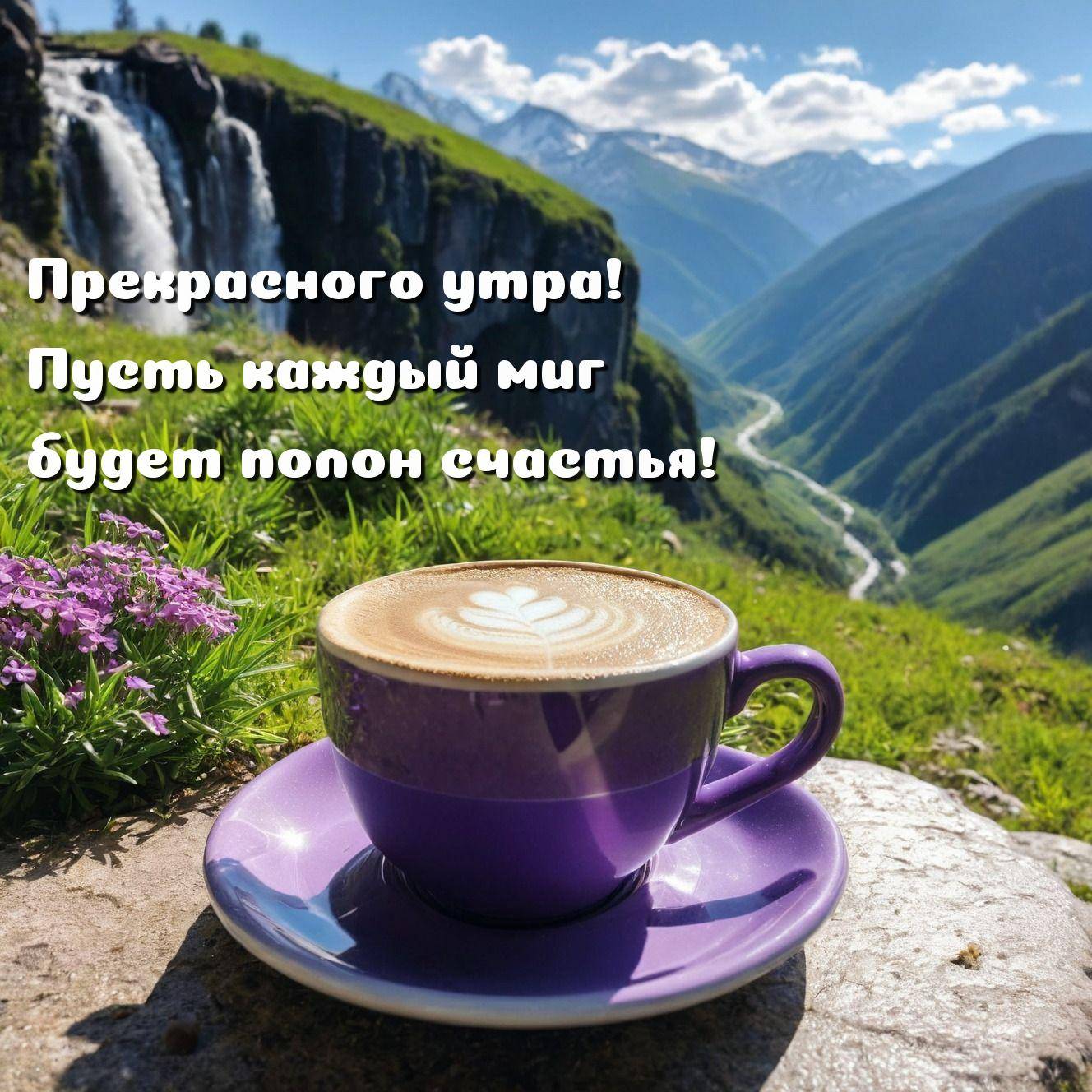 Фиолетовая чашка кофе на фоне горного пейзажа