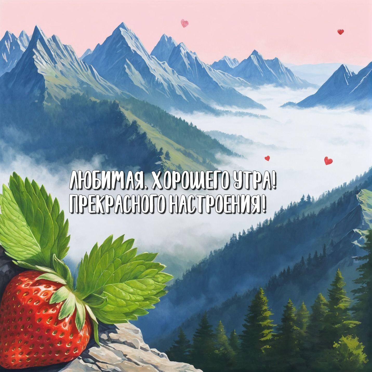 Горы, туман, розовое небо и красная клубника