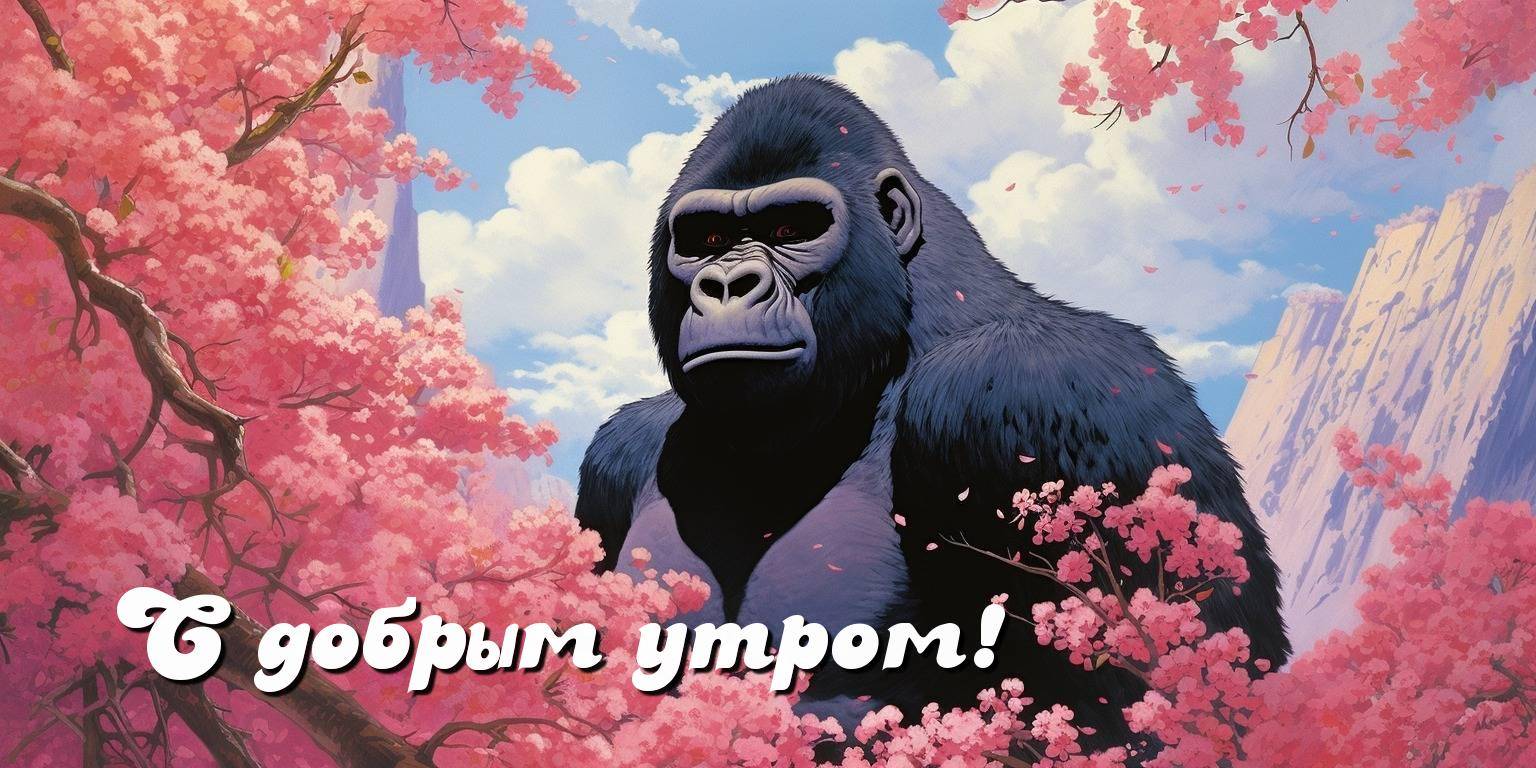 Горилла среди цветущих деревьев с розовыми цветами