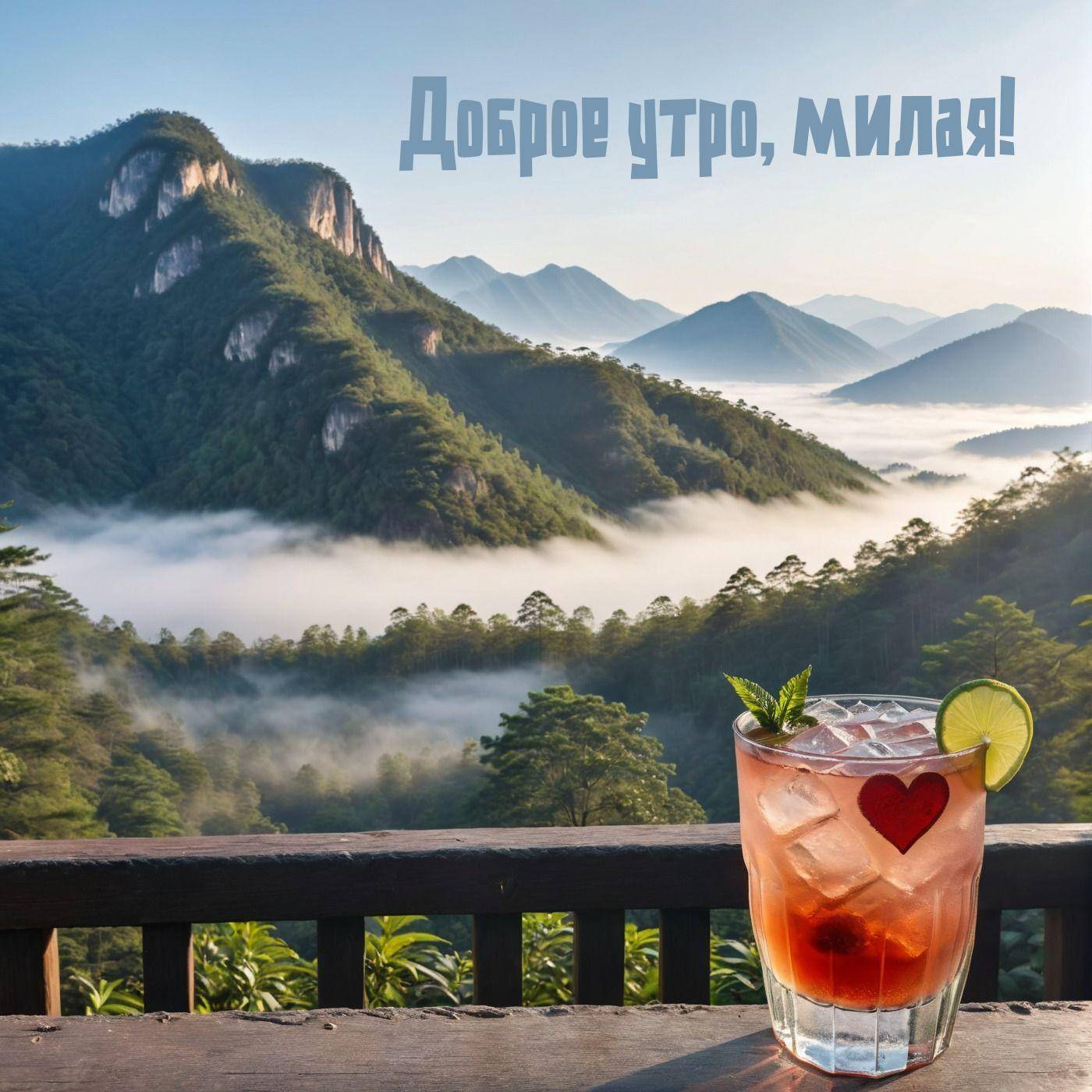 Горный пейзаж с коктейлем, лаймом и мятой