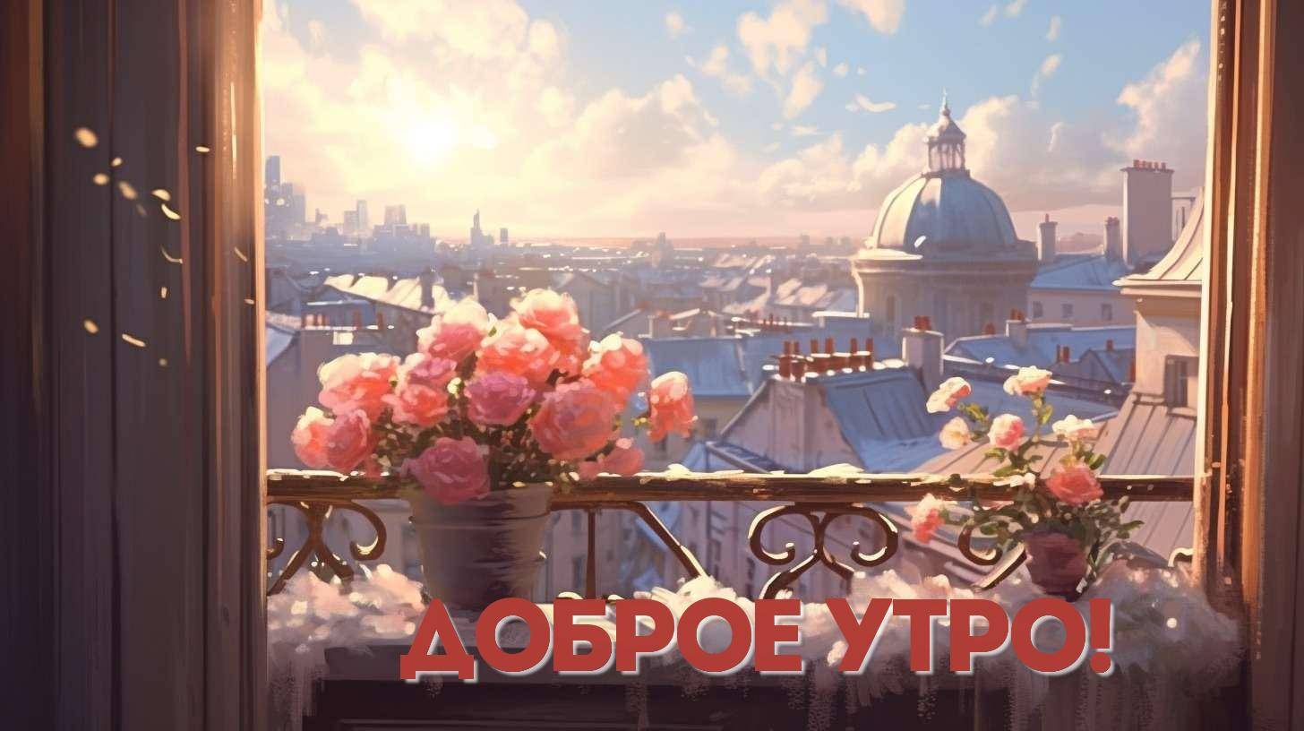 Горшок с розами на балконе, старинные здания вдалеке