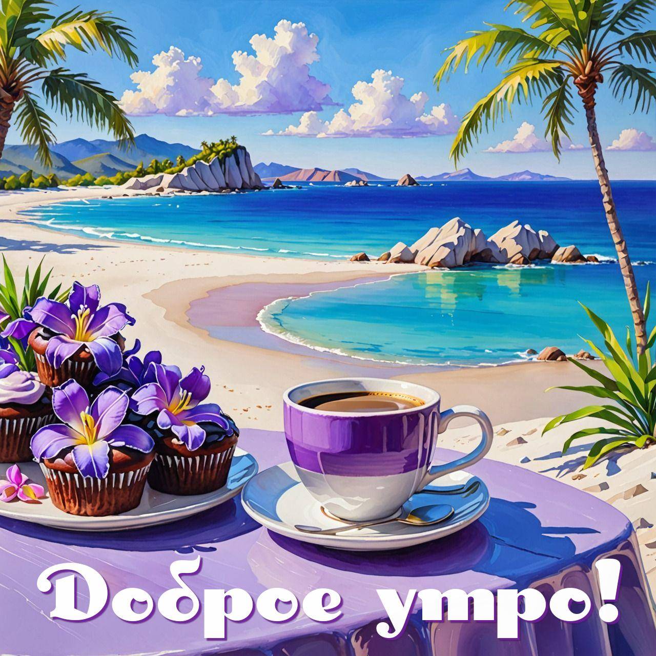 Идиллическая пляжная сцена с кофейным столиком