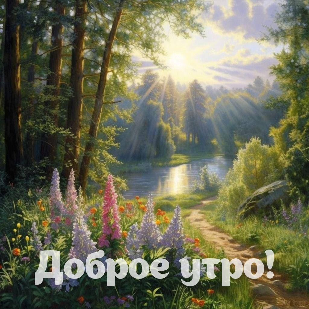 Идиллический пейзаж с цветущим лугом и рекой
