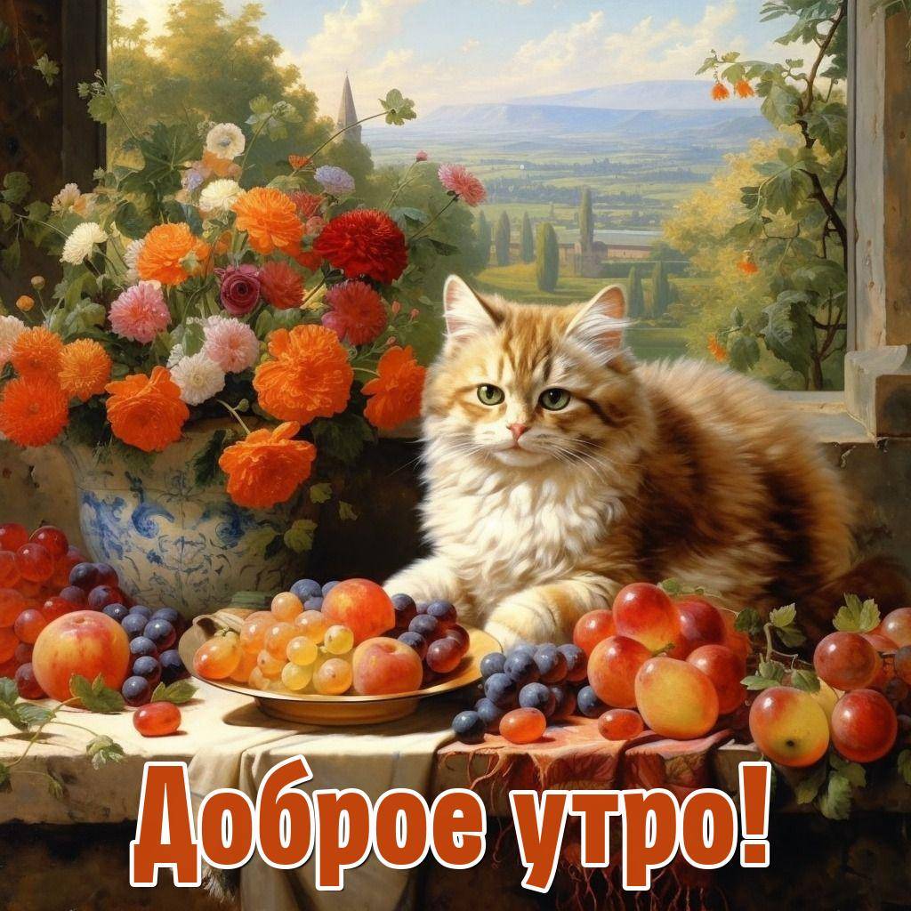 Играющая кошка на натюрморте с фруктами