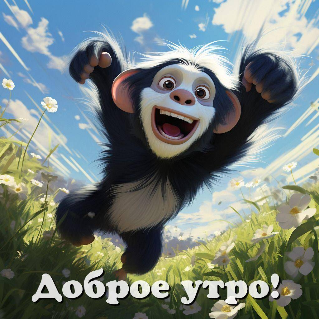 Играющая обезьянка на зелёном поле с цветами