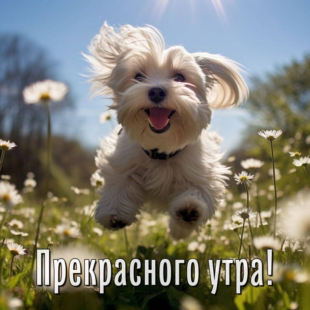Играющая собака мальтезе на цветущем поле
