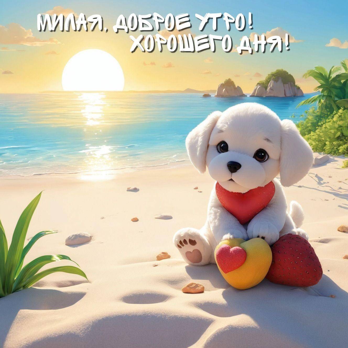 Игрушечная собачка на пляже с плодами