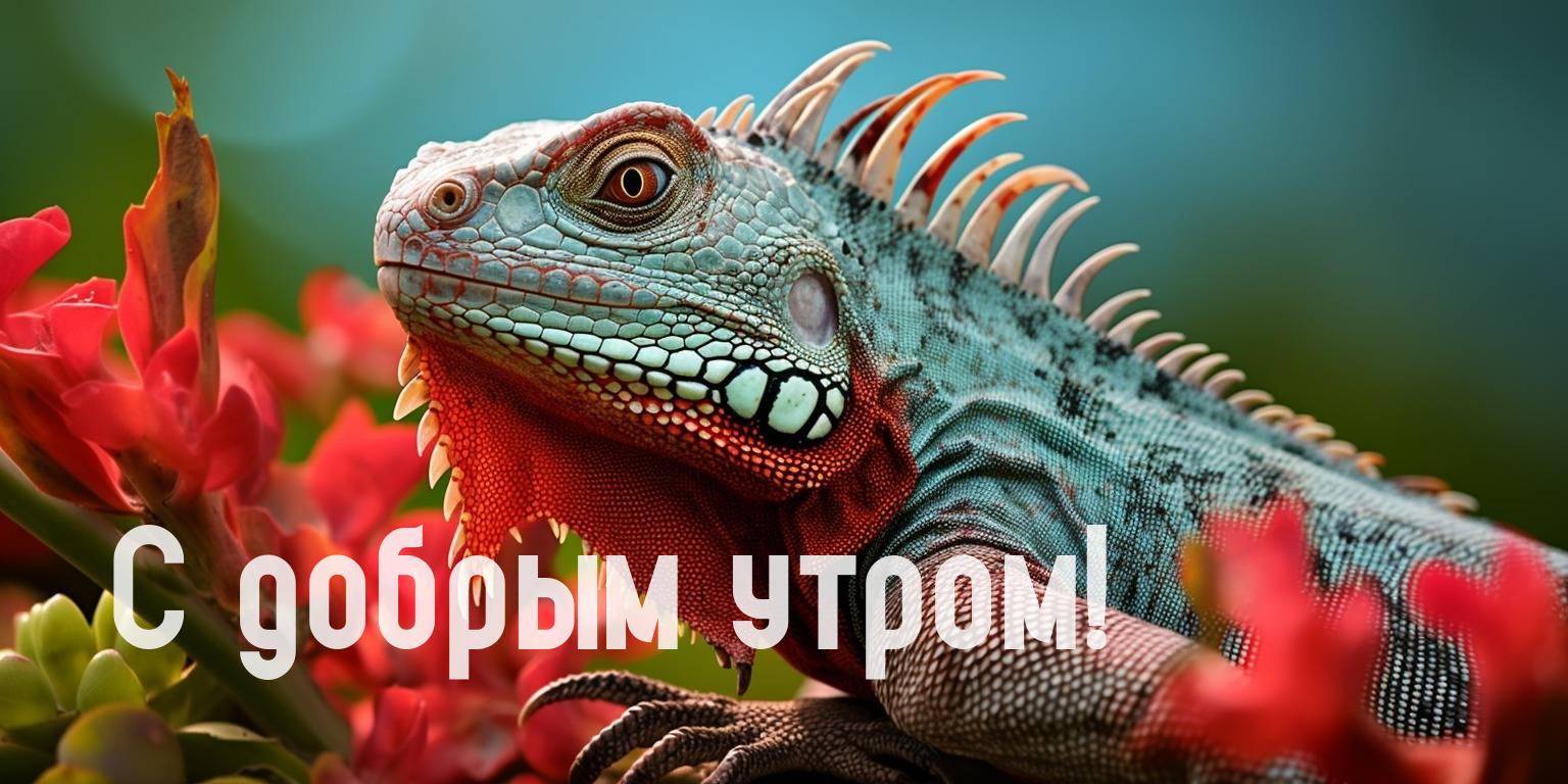 Игуана с зелено-голубой чешуей и красными гребнями