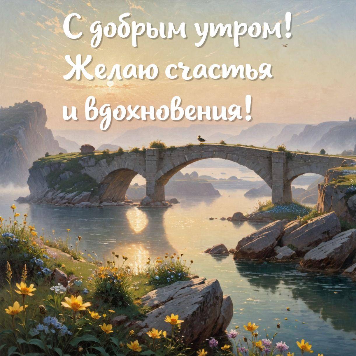 Изображение каменного моста через реку с утренним солнцем