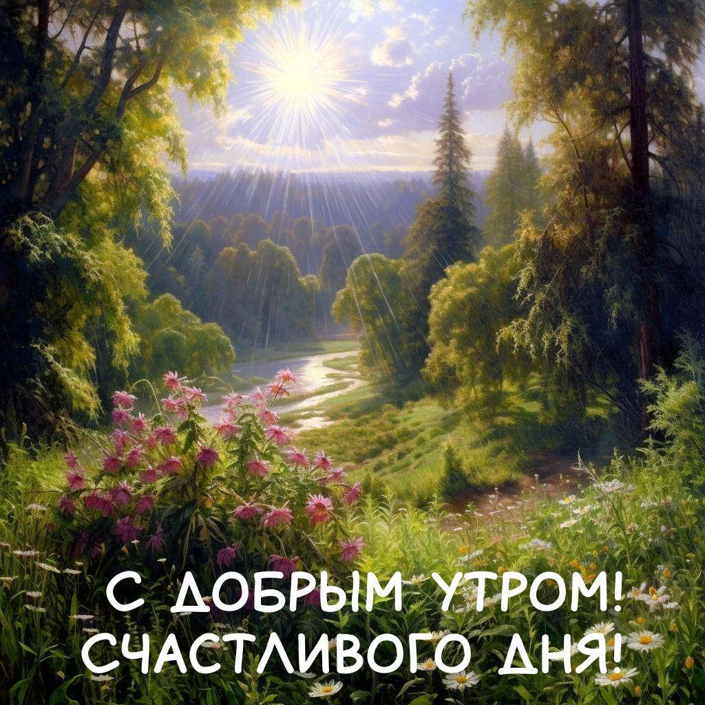 Извивающаяся речка и яркие цветы на фоне леса