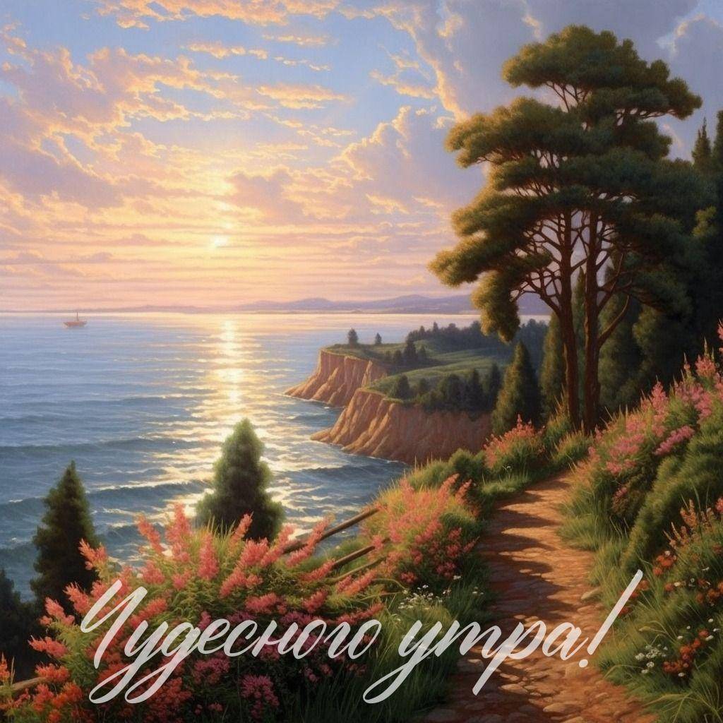 Извивающаяся тропинка среди цветов на фоне рассвета и моря
