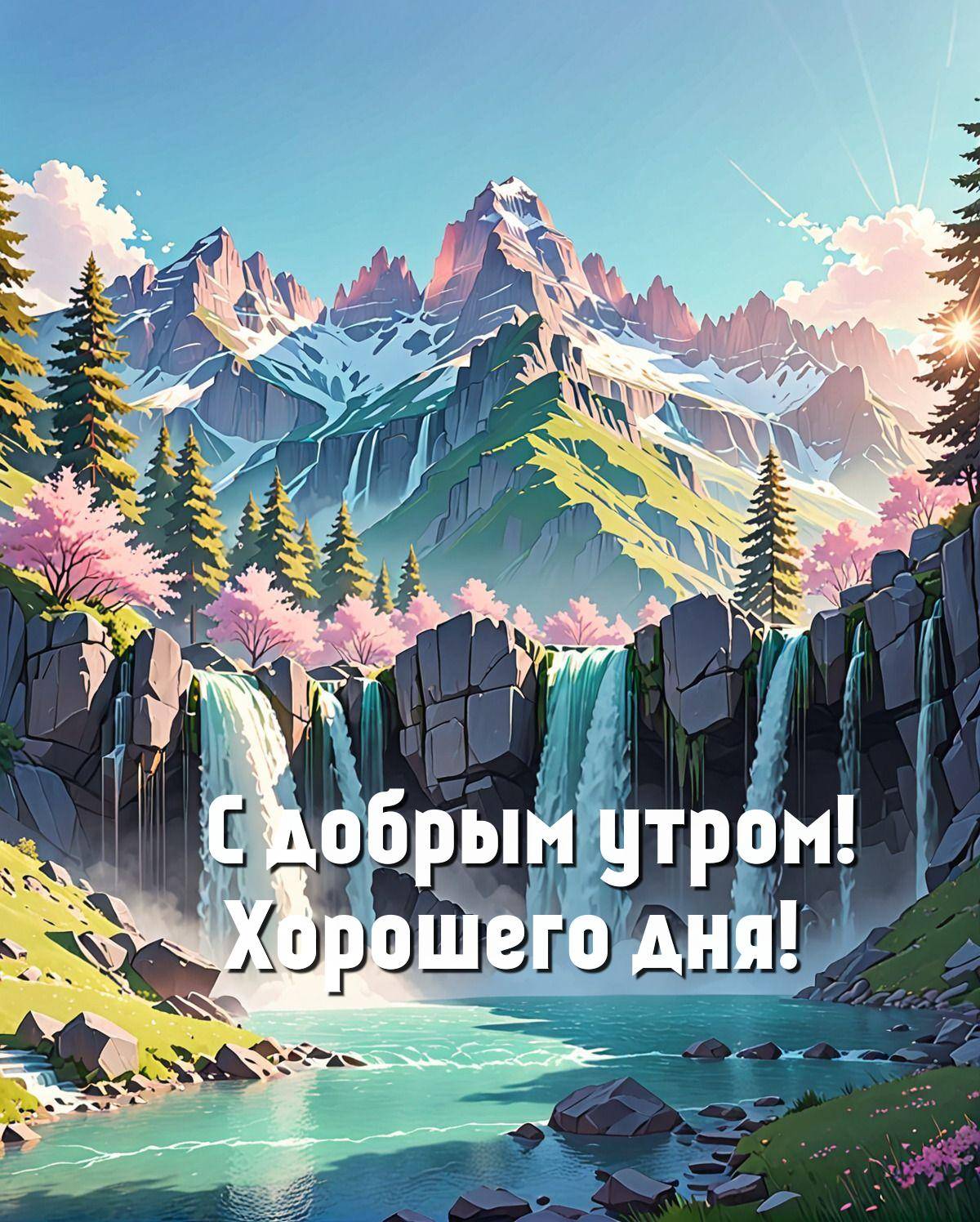 Каскадные водопады на фоне гор