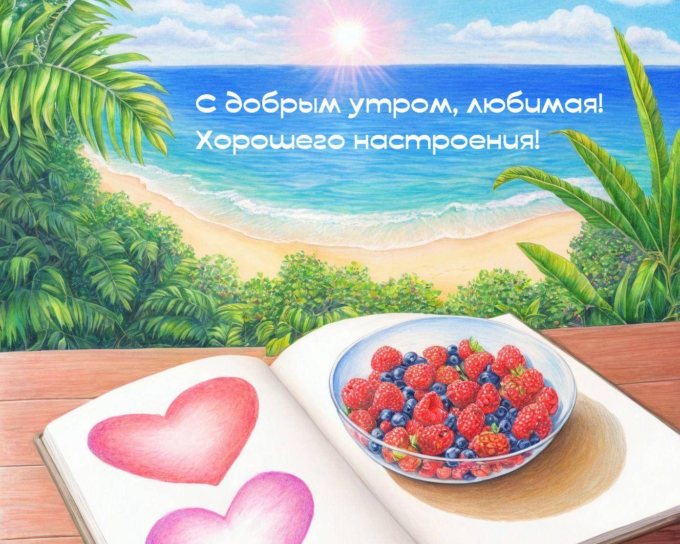 Книга с нарисованными сердечками и чаша с ягодами