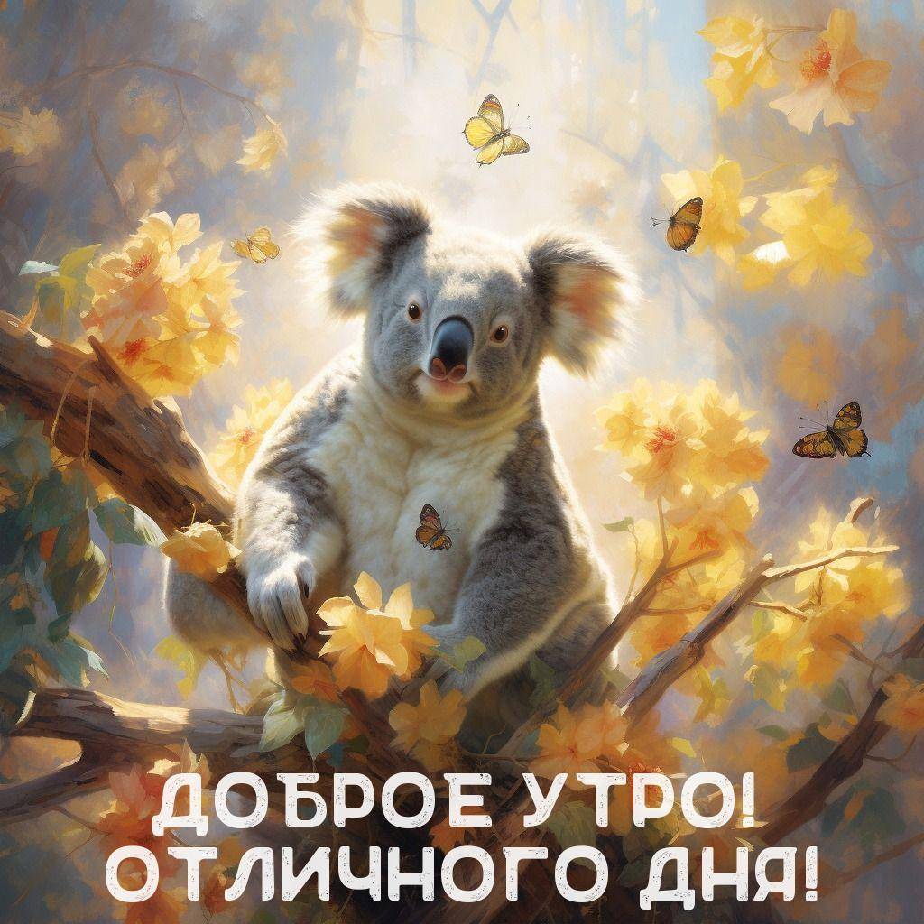 Коала на ветке с цветами и бабочками