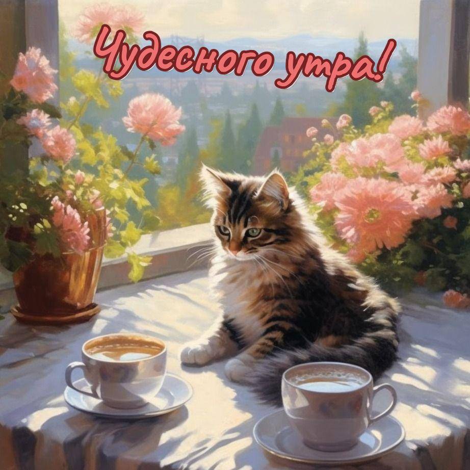 Кофе и кот на подоконнике с цветами