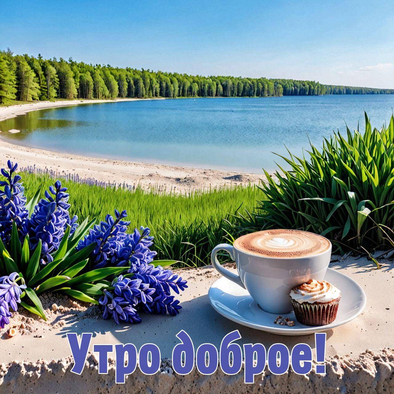 Кофе с латте-артом на фоне озера и деревьев