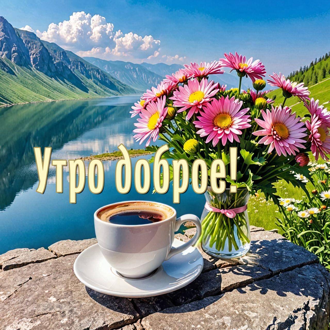 Кофейная чашка и ваза с цветами на фоне озера