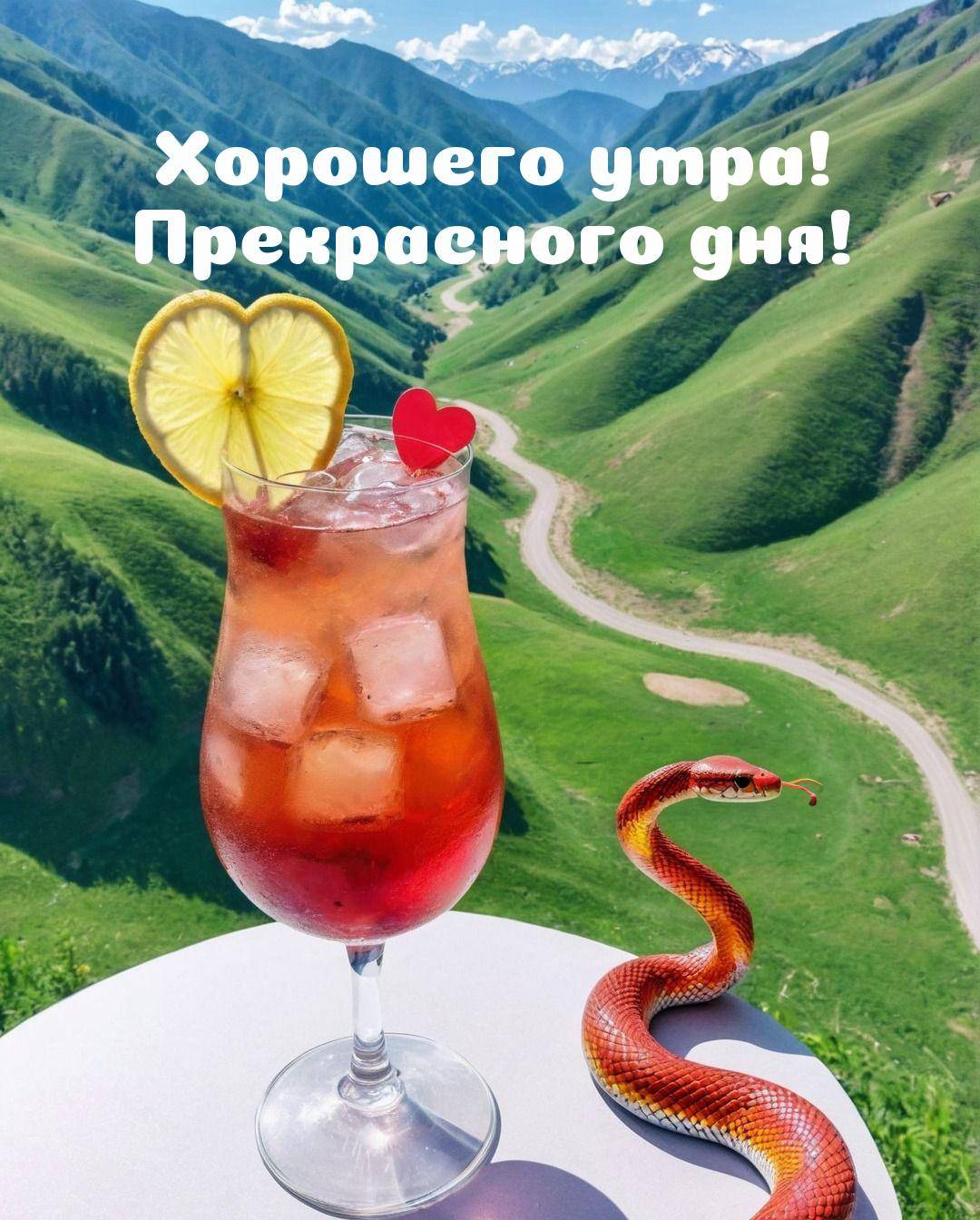 Коктейль с лимоном и сердечком на фоне холмов и змеи