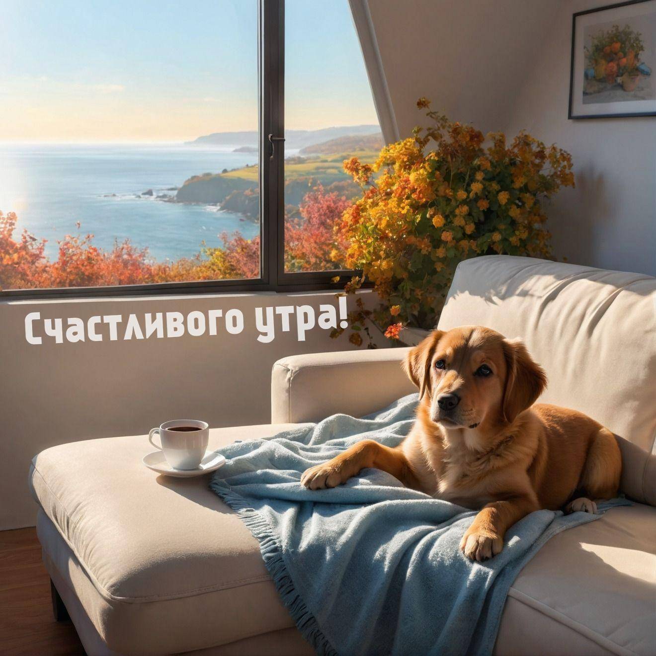 Комната с диваном, собакой, чашкой и видом на природу