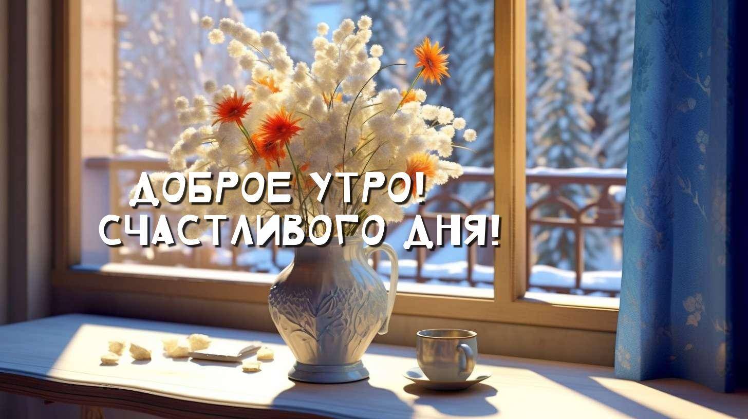 Комната с первыми лучами утреннего солнца, цветы и зимний пейзаж